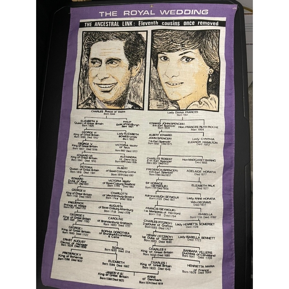 Vintage 1981 Royal Wedding Tea Towel Prince Charles Lady Diana Family Tree